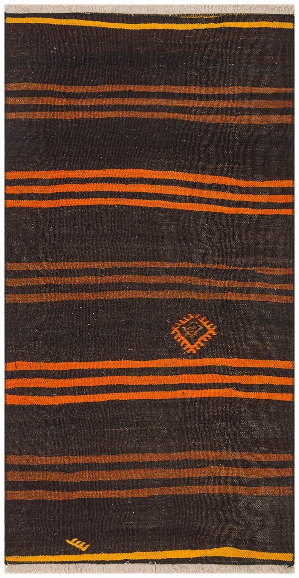 Anatolian hand weaving black orange color striped hand weaving vintage carpet-80x150